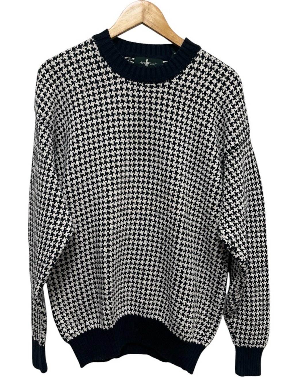 VINTAGE 90s Hunt Club Houndstooth Cotton Chunky Knit Crewneck Sweater Size L